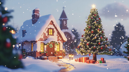 Fototapeta premium A simple and clean Christmas scene with a snow-covered cottage
