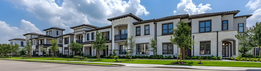 Neighbourhood Real Estate - Modern residential buildings with landscaped surroundings under a blue sky.