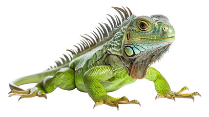 Obraz premium A vibrant green iguana basking under bright light, showcasing its unique features and colors while resting on a textured surface.