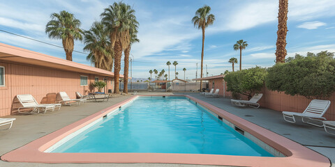 Fototapeta premium Empty swimming pool surrounded by palm trees in a motel