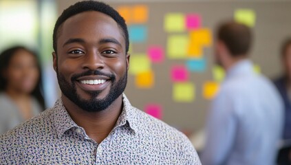 Man smiling confidently in front of colorful sticky notes during a collaborative brainstorming session in an office setting