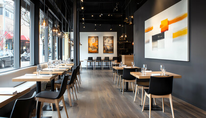 Fototapeta premium Chic urban dining room design featuring sleek modern furniture and artistic décor for a contemporary experience