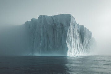 Selective focus iceberg floating on water with foggy view, Landscape view of snow mountain floating on the sea, Snow island in north pole.