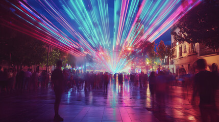 Festival de la Luz, huge light art installations decorate the city center, bright colorful rays dance in the air, crowds are mesmerized by the dance of light in the night sky, Ai generated images