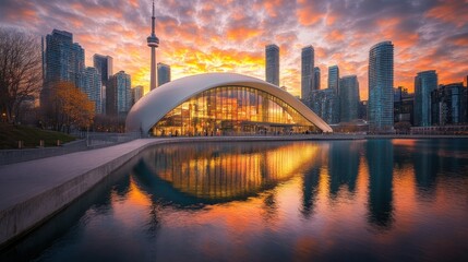Fototapeta premium A modern building with a curved roof reflects in the water of a lake, as the sun sets behind the city skyline.
