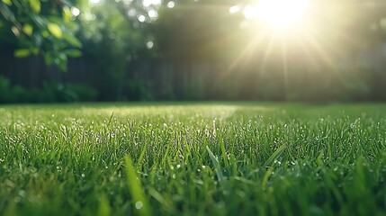 Fototapeta premium The serenity of morning dew on lush grass capturing nature's beauty in sunlight