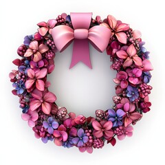 Obraz premium A detailed 3D icon of a pink Christmas wreath, showcasing vibrant flowers and ribbons, isolated against a soft white background