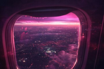 Fototapeta premium Stunning twilight view from an airplane window overlooking a vibrant city skyline illuminated at dusk