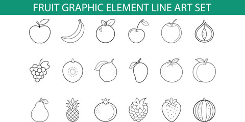 A set of 18 line art illustrations of various fruits including apple, banana, cherry, peach, pear, pineapple, strawberry, and watermelon.