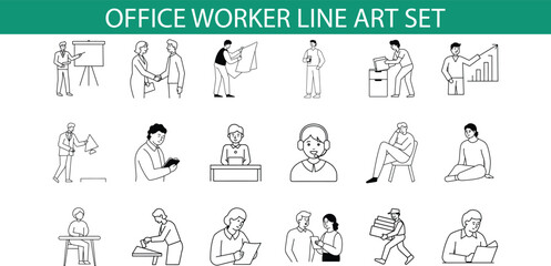 A set of 18 line art illustrations depicting office workers in various poses and activities, including presenting, reading, working on computers, and talking on the phone.