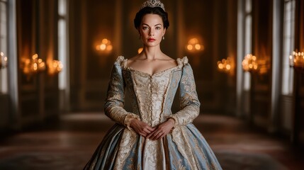 An elegant woman in a historical gown stands gracefully in a lavish, candle-lit setting, embodying regal sophistication.