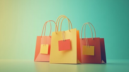 Festive shopping bags with visible sale tags, placed against a simple background for marketing use.