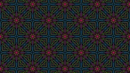 Seamless geometric pattern featuring neon-colored lines forming a symmetrical grid. Abstract design with vibrant hues of pink, green, blue, and black creating a dynamic, futuristic look.
