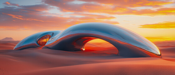 A futuristic desert outpost with sleek metallic structures partially buried in the sand, with a glowing orange horizon.