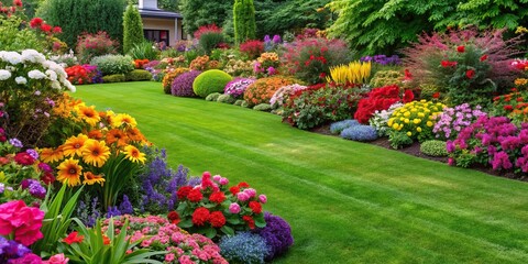 Obraz premium A beautifully manicured lawn edged with a colorful array of annuals and perennials including petunias, geraniums, and daylilies, floral arrangement, gardening, colorful flowers