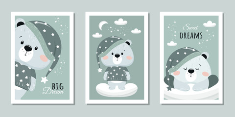 A set of cute postcards or posters for a children's room with a funny bear. A teddy bear in a night cap hand-drawn. Vector illustrations for invitations, greeting cards, posters and more.
