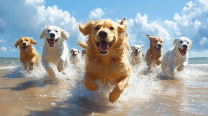 Dogs at the beach, featuring enjoyment of sun, sand, and water. Emphasizing playful and adventurous spirit. Ideal for summer-themed social media posts and pet blogs.