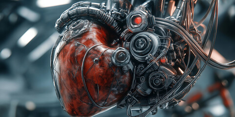 Fototapeta premium Artificial intelligence heart pumping showing futuristic cyborg technology