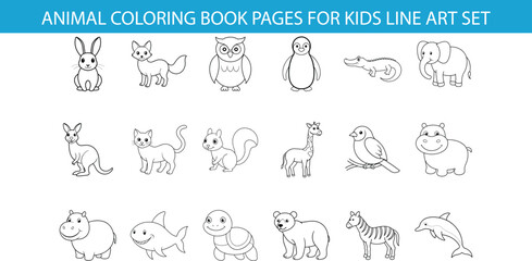 Fototapeta premium A collection of 18 animal illustrations in a simple line art style, ready for coloring. Animals include a rabbit, fox, owl, penguin, crocodile, elephant, kangaroo, cat, squirrel, giraffe, bird, hippop