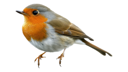 A colorful robin perched gracefully with vibrant orange chest and soft gray feathers in a natural setting during daylight.