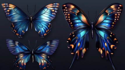 Blue butterflies with vibrant wing designs, displayed symmetrically on a transparent background for a sleek, minimalist effect.