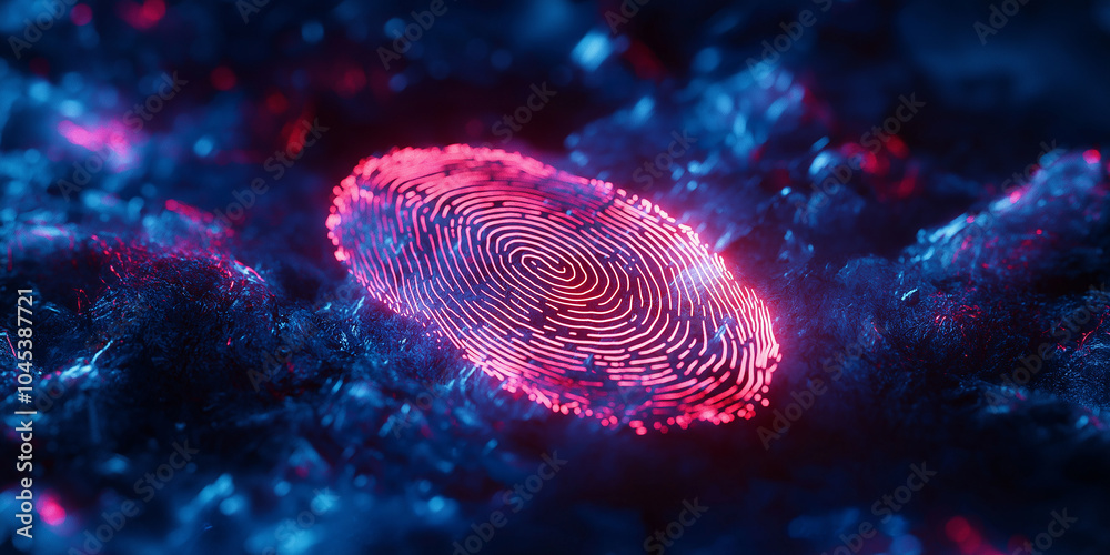 Poster Red glowing fingerprint is hovering over dark digital terrain