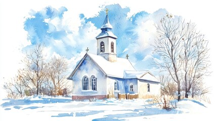 A serene winter church scene depicted in soft watercolor, surrounded by snowy landscapes and blue skies.