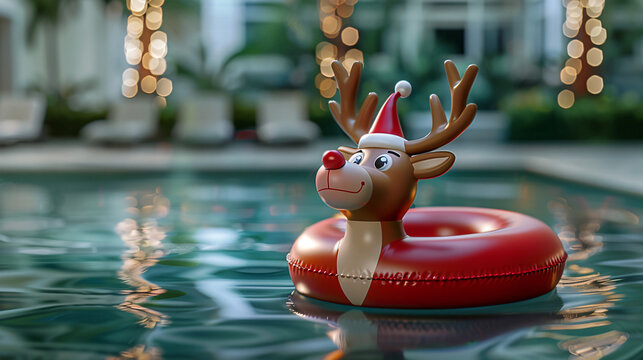 Festive red reindeer float wearing a Santa hat on a swimming pool