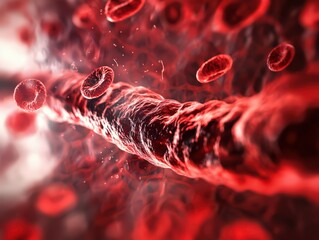 A longitudinal view of a blood vessel shows a large air bubble in the vessel, blocking the flow of red blood cells.