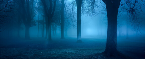 Serene forest in dense blue mist creating a mysterious atmosphere