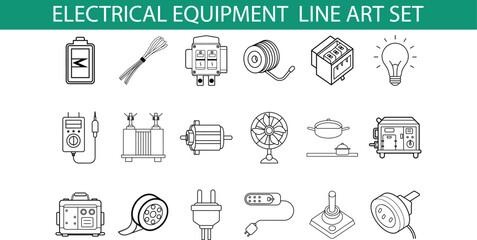 A set of 18 line art illustrations depicting various electrical equipment, including a battery, wires, a meter, a coil, a switch, a lightbulb, a fan, a plug, and more.