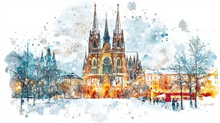 Fototapeta premium A stunning watercolor painting of a gothic cathedral in winter, adorned with snow and warm lights, creating a magical atmosphere.