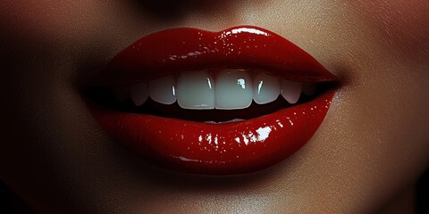 Obraz premium a large smile open woman's mouth, red lipstick, black background 