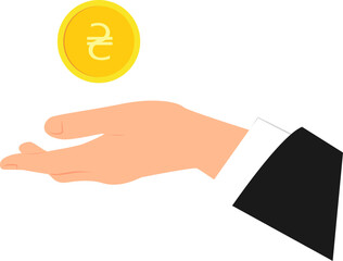 Gold coin with Ukrainian hryvnia sign above outstretched palm of hand wearing in business suit. Vector illustration with transparent background	

