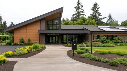 Obraz premium 3d rendering Modern architectural design of a sustainable home with lush landscaping and eco-friendly features in a serene environment