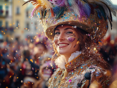 Nahaufnahme einer Frau bei Fasching/Karneval in einem Farbenfrohen Kost&uuml;m