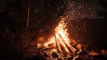 A roaring bonfire blazes brightly against a backdrop of a dark forest at night, casting an ethereal glow and sending sparks flying into the air.