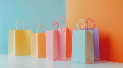 Shopping bags with sale tags arranged on a minimal background, ready for discount sale banners.