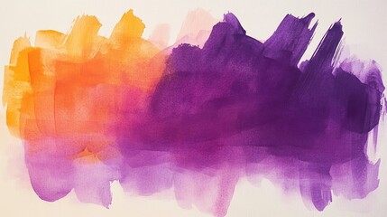 Broad strokes of purple and orange watercolor paint merging into an abstract design on grainy paper