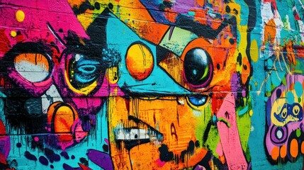 Obraz premium Vibrant graffiti art featuring bold colors and abstract shapes on a textured wall, showcasing urban creativity and expression.