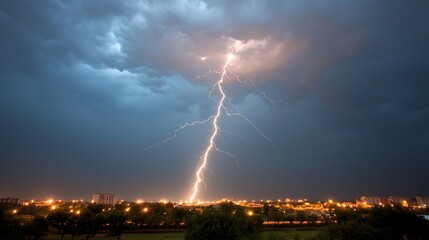 Capturing the majesty of nature's fury an awe-inspiring lightning strike illuminates the cityscape below