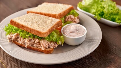 Homemade tuna sandwich with lettuce on a plate. Mayonnaise sauce in small bowl.