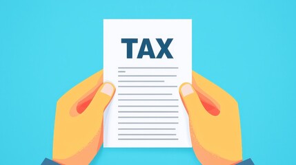 Hands holding a tax document against a blue background.