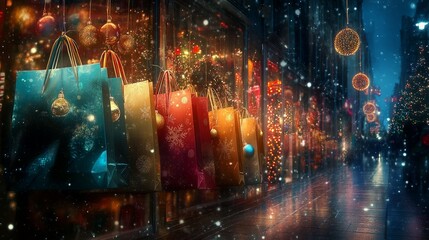 Obraz premium Vibrant Christmas shopping bags displayed with ornaments and twinkling lights, perfect for seasonal promotions