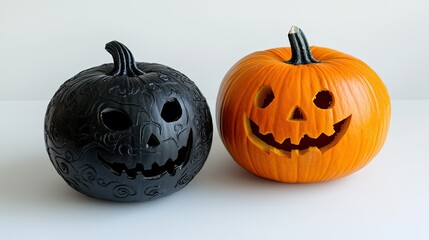 Carved black pumpkin with spooky designs next to an orange pumpkin, isolated on white.