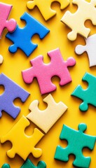 Fototapeta premium Colorful Puzzle Pieces on Yellow Background Concept of Problem Solving, Teamwork, and Collaboration