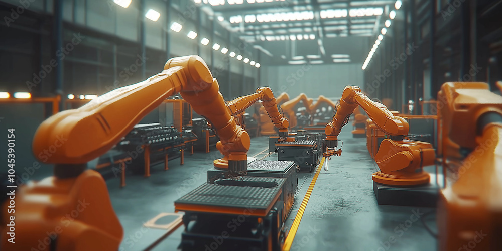 Poster robotic arms manufacturing line operating in factory