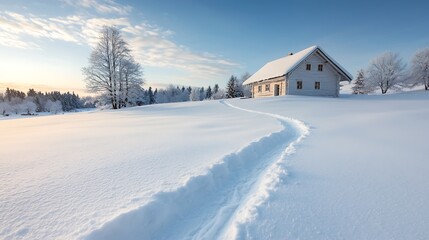 Obraz premium Serenity in the snow a picturesque winter landscape featuring a cozy cabin amidst a snow-covered field