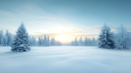 Naklejka premium A serene winter landscape capturing the tranquility of snow-covered trees beneath a soft morning sky