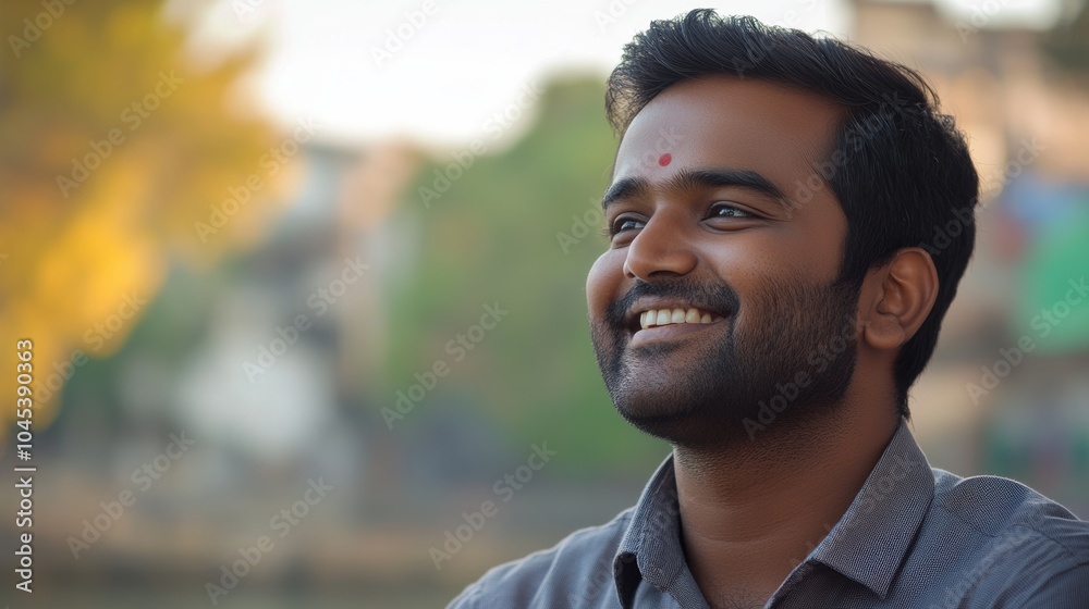 Wall mural a smiling young man with a bindi enjoying a serene day outdoors, surrounded by nature, with greenery